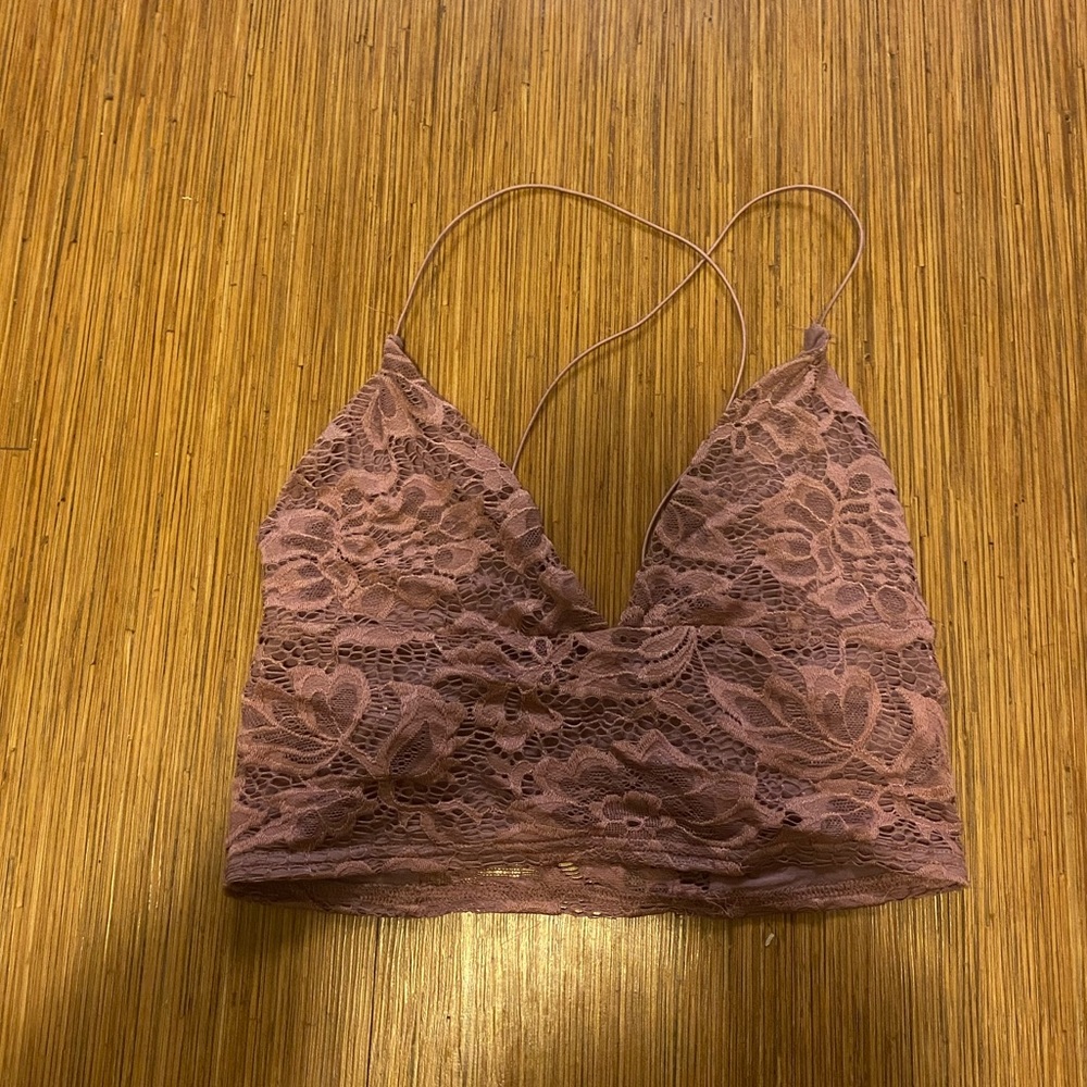 UO pink lace crop top with cross cross back